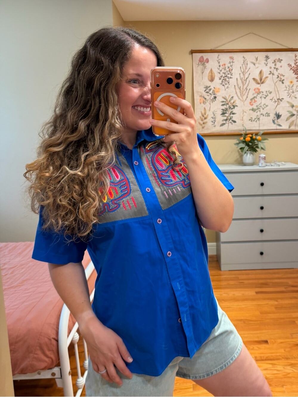 Vintage My Name is Panama Royal Blue Button-Up with Colorful Embroidery Medium